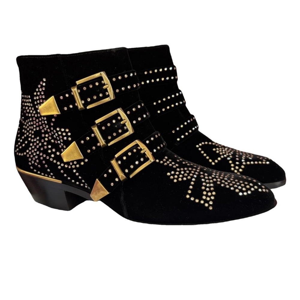 CHLOE Black Ankle Boots with Gold Accents